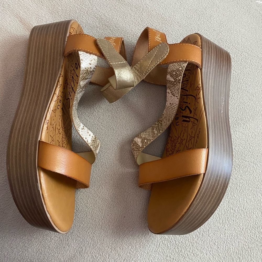 Blowfish tan/snake open toe wedge sandal